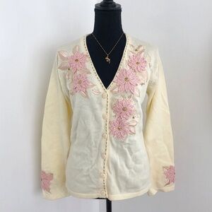 Storybook Knits Vintage Floral Embroidered Cream and Pink Cardigan Sweater